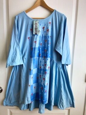 Blue Fish Light Blue Button-Down Swing Tunic with Red Floral Print